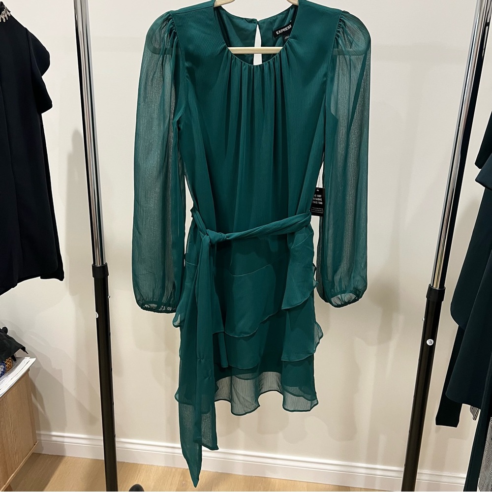 Express Teal Long-Sleeve Tiered Dress with Waist Tie